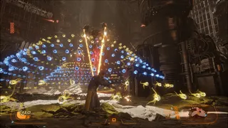 A screenshot of Saros, showing the player being attacked by a floating drone enemy with lasers and circular patterns of projectiles.