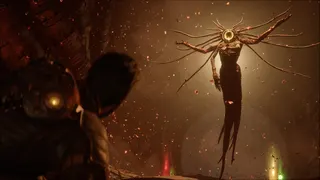 A screenshot of Saros, showing the protagonist Arjun, lying on the ground, being visited by an angel-like figure.