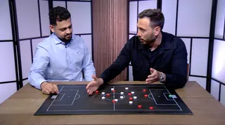 Screengrab showing Umir Irfan, BBC Sport's tactics correspondent, and Davide Ancelotti, Brazil national team's assistant manager, in discussion around a tactics board.