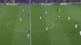 Screengrab showing the mittelfeldpressing tactic Liverpool used in their first leg semi-final loss to Barcelona in 2019. The defensive line is high but the attackers aren't pressing to apply any pressure on the Barcelona defenders on the ball.