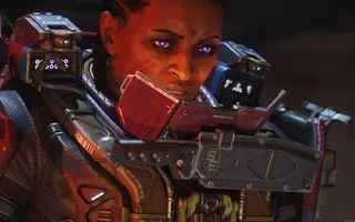 An angry-looking Black woman with diagonal facial scars and glowing irises, clad in powerful mechanised armour, from a scene in The Expanse: Osiris Reborn.
