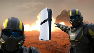 Custom header showing two Helldivers pointing at a PS5 with an explosion behind it.
