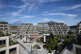 A courtyard surrounded by modern buildings