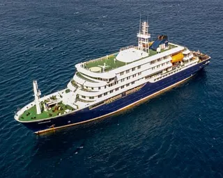 The MV Hondius seen off the port of Praia in Cape Verde in 2025.
