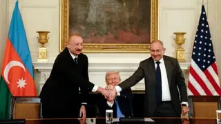 EPA L-R) Azerbaijan's President Ilham Aliyev, US President Donald Trump, and Armenia's Prime Minister Nikol Pashinyan join hands during a signing ceremony in the State Dining Room of the White House in Washington