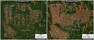 Satellite images show the progression of soy-related deforestation between 2017 and 2022.