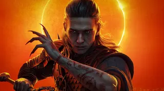 An orange sun-like glow frames a pale-skinned, lacerated-armed, young masculine person holding a sword, who also has dangerously sharp claws. It's Coen from The Blood of Dawnwalker.