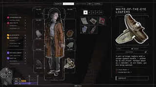 Zero Parades: For Dead Spies demo screenshot showing your character inventory screen, focusing on shoes called White-of-the-Eye Loafers