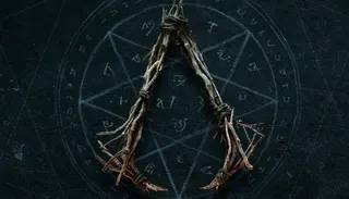 A twisty occult emblem in the shape of the Assassin's Creed triangular logo, with a ritual star and circle behind.