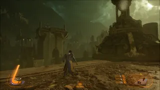 A screenshot of Saros, showing the player looking toward a ruined, sci-fi cityscape in the distance.