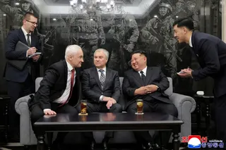 North Korean leader Kim Jong-un speaks with Russian Defence Minister Andrey Belousov (seated left) and Russian State Duma Chairman Vyacheslav Volodin in Pyongyang on April 26. Photo: KCNA via Reuters