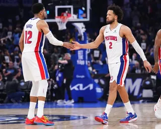 Cade Cunningham and Tobias Harris celebrate a basket during their Game 6 victory