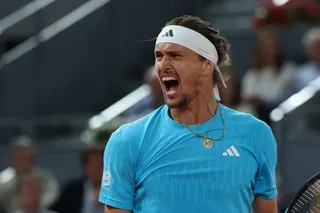 Germany's Alexander Zverev celebrates beating Belgium's Alexander Blockx during their 2026 ATP Tour Madrid Open tennis tournament semi-final singles match at the Caja Magica in Madrid May 1, 2026. — AFP pic