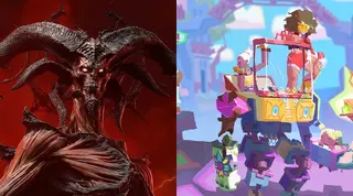 Art shows a demon and colorful characters with a robot.