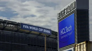FIFA World Cup 2026 signage at MetLife Stadium, which will host eight Fifa World Cup 2026 games, in East Rutherford, New Jersey, USA