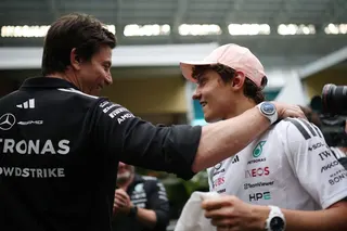 Mercedes team principal Toto Wolff (left) with driver Kimi Antonelli after the Italian won the Miami Grand Prix at Miami International Autodrome on Sunday. Photo: AFP