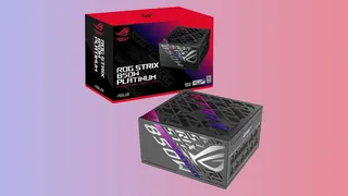 Asus ROG Strix 850W 80+ Platinum PSU with box on a gradient background