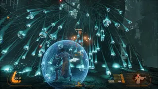 A screenshot of Saros, showing the player encased in a blue bubble shield as blue projectiles rain down around him.