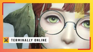 Halmarut, from Final Fantasy 14 online, looks reticent towards the camera - overlaid with the graphic for PC Gamer's MMO column, Terminally Online.