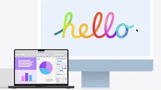 Cartoon image of a laptop and a desktop. The screen of the desktop says hello in loopy writing