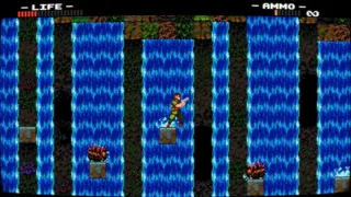 Chuck Rosetti stands on a tiny platform with a huge waterfall raging behind him. On the ledges by the waterfall are tiny crab-like enemies which will surely knock him off.