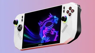 MSI Claw A8 gaming handheld in white on a gradient background