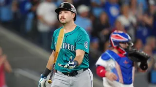 Seattle Mariners' Cal Raleigh reacts after striking out during ALCS game in Toronto