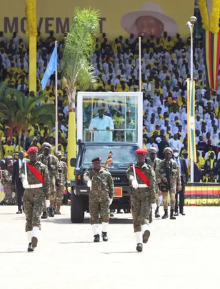 Uganda's President and the leader of ruling National Resistance Movement (NRM) party, Yoweri Museveni, rides in an armored vehicle as he arrives for his swearing-in ceremony after being declared the winner of the country’s presidential election, extending his decades-long rule at the Kololo grounds in Kampala, Uganda May 12, 2026. REUTERS/Michael Muhati