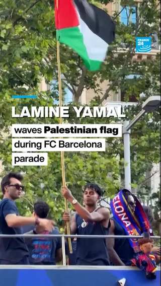 Barca striker Yamal waves Palestinian flag during La Liga celebrations