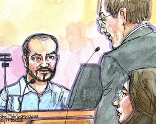 Courtroom sketch showing Ilya Sutskever being questioned by lawyer Steven Molo and another person.
