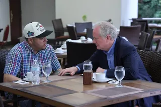 US Senator Chris Van Hollen (right) meets with Kilmar Armando Abrego Garcia at an undisclosed location in San Salvador, El Salvador, in April 2025. Photo: Senator Van Hollen’s Office via TNS