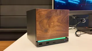 Valve's new Steam Machine during a visit to Valve HQ in Bellevue, Washington. The Steam Machine is a compact living room gaming PC.