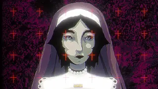 Metamorphosis image of pixel art nun character looking at camera with purple background