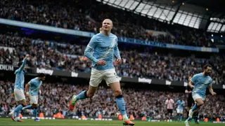 Manchester City's Erling Haaland celebrates after scoring his side's opening goal during the English Premier League soccer match between Manchester City and Brentford in Manchester, Saturday, May 9, 2026. (AP Photo/Dave Thompson)