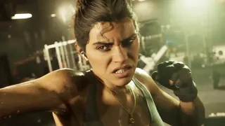 Lucia in GTA 6 uses a punchbag. She has her hair scraped back and her fist raised