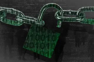 A photo illustration of an open padlock with ones and zeros making it up and a backdrop of computer code.