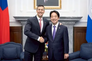Paraguayan President Santiago Pena and Taiwanese leader William Lai Ching-te meet in Taipei on May 8. Photo: Kyodo