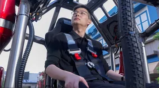 Wang Xingxing, founder and CEO of Unitree Robotics, demonstrates the GD01 transformable mech. Photo: Handout