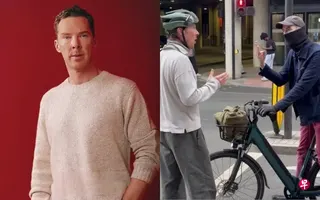 英国男星Benedict Cumberbatch近日被拍到在伦敦街头，与一名脚踏车骑士疑因行驶问题爆发口角。 （互联网）