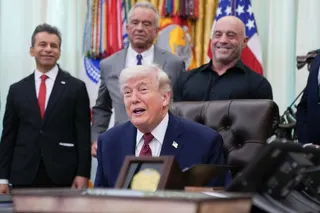 (Back row, from left) US Commissioner of Food and Drugs Marty Makary, US Secretary of Health and Human Services Robert F. Kennedy Jnr, and podcaster Joe Rogan look on as US President Donald Trump (front) speaks in the Oval Office in April. Photo: EPA
