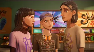 The trio from Mixtape look skeptically at each other in front of a host of slushie machines.