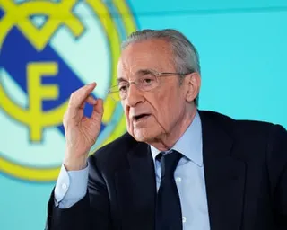 Florentino Perez gestures whilst speaking at a Real Madrid news conference