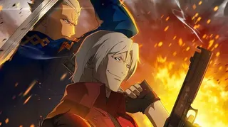 Devil May Cry season two Netflix artwork showing two male characters holding weapons as fire blazes in the background