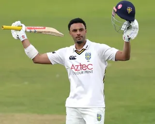 Durham batsman Emilio Gay celebrates a century for his county