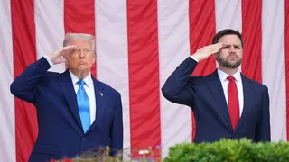 President Donald Trump and Vice President JD Vance salute at Arlington National Cemetery