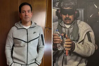 US Secretary of State Marco Rubio (left) wears the grey Nike tracksuit made famous following the abduction of former Venezuelan leader Nicolas Maduro (right) by the US military in January. Photo composite: X/ @StevenCheung47, @WhiteHouse