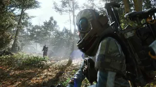 An Arc Raiders character looking behind them in a forest at another player aiming at them.