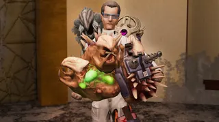 A scientist is mobbed by friendly alien pets in Abiotic Factor.