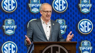 SEC commissioner Greg Sankey speaking to media at Grand Bohemian Hotel
