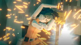 P parries a giant industrial digger in Motorslice.